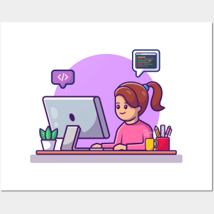 Cute Girl Working On Computer Posters and Art